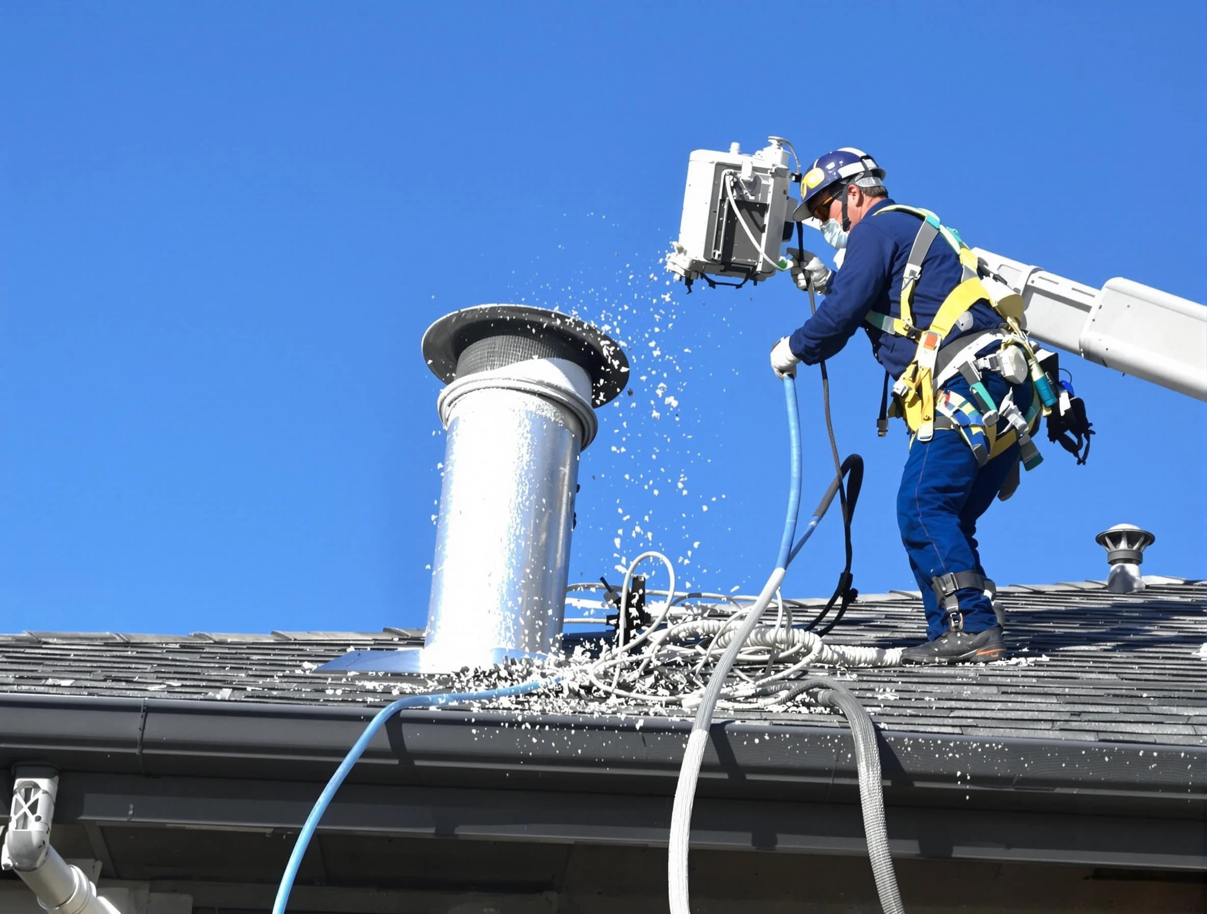 Sandia Heights Dryer Vent Cleaning certified technician safely cleaning a roof-mounted dryer vent in Sandia Heights