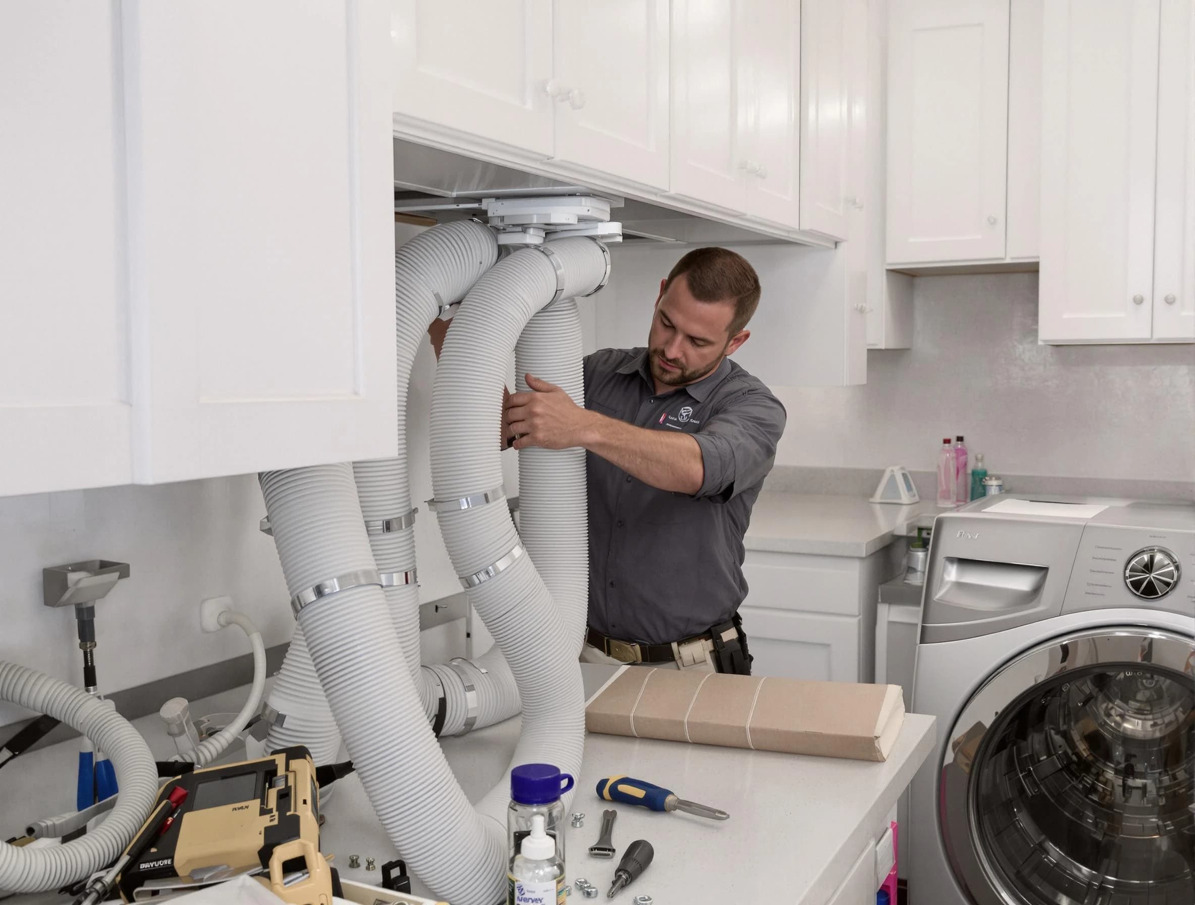 Sandia Heights Dryer Vent Cleaning technician installing a new professional-grade dryer vent hose in Sandia Heights