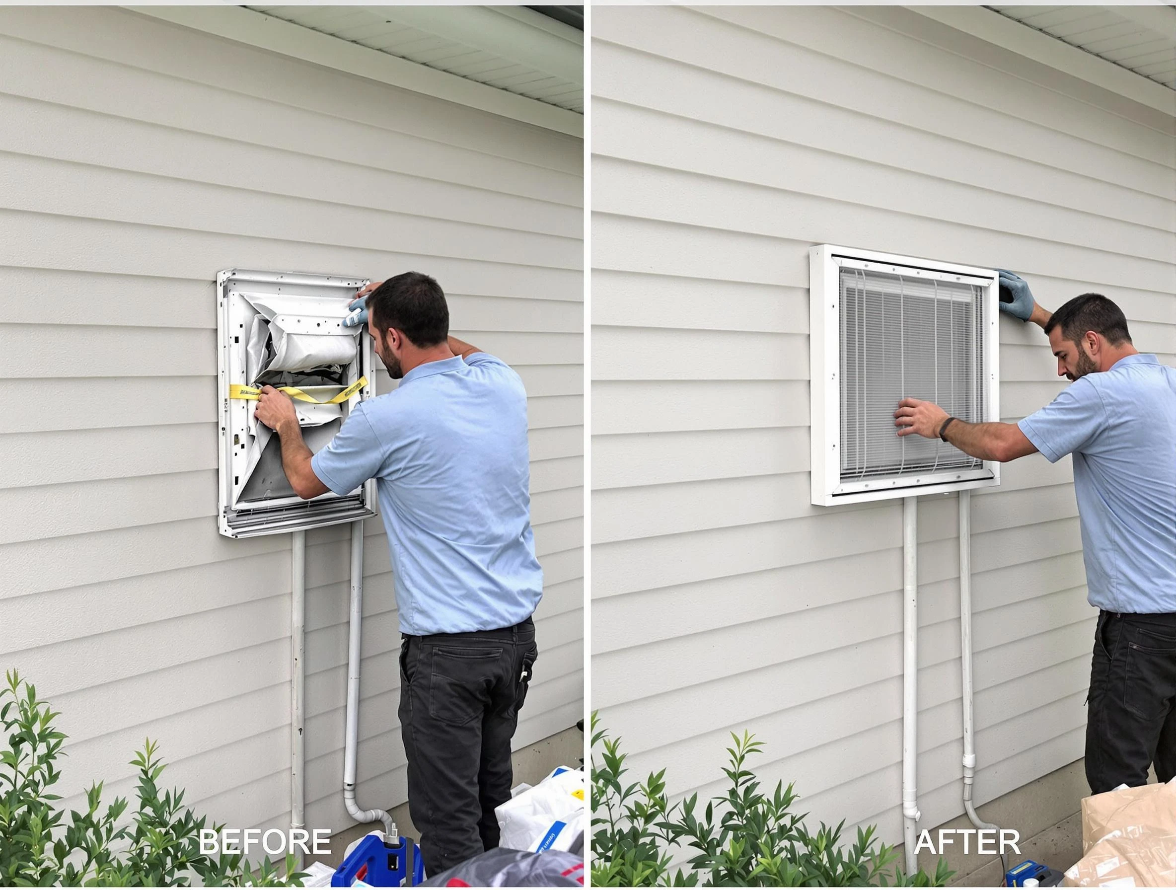 Sandia Heights Dryer Vent Cleaning technician installing high-quality dryer vent cover at a residential property in Sandia Heights